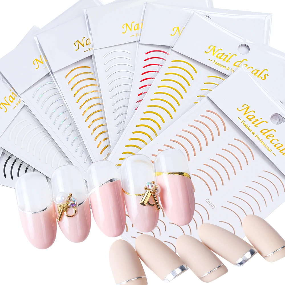 8 ピース/セットシルバー/ゴールドウェーブラインネイルステッカー 3D メタリックフレンチライン粘着ネイルデカール曲線ストライプマニキュアスライダー