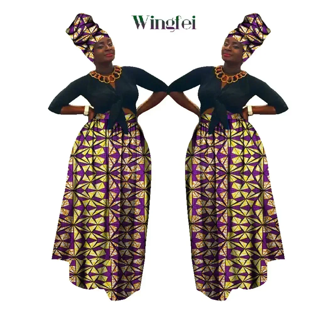 Dashiki African High Waist Ball Grown Skirt Bazin Riche African Skirt and African Headscarf 2 Pieces Lady Maxi Long Skirt WY1270