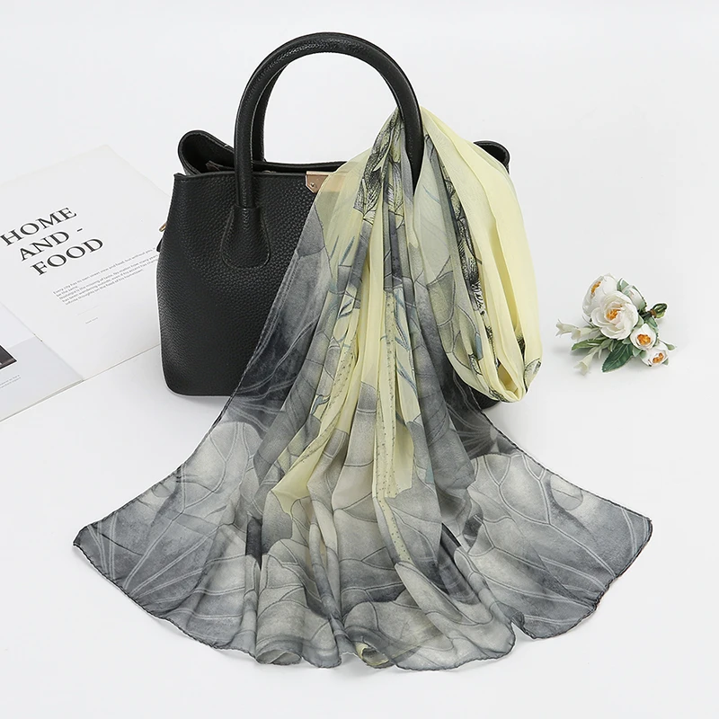 Lotus Print Chiffon Scarf Fashionable Lightweight Neck Scarf For Women Summer Neck Sun Protection Silk Scarf Shawl 150*50cm