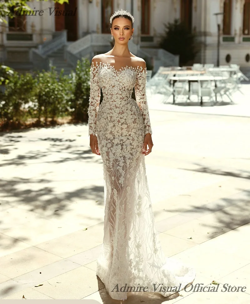 New Arrive Sparkle Wedding Dresses Mermaid 2 In 1 Sheer Neck Full Sleeves With Detachable Train Customized Vestidos De Novias