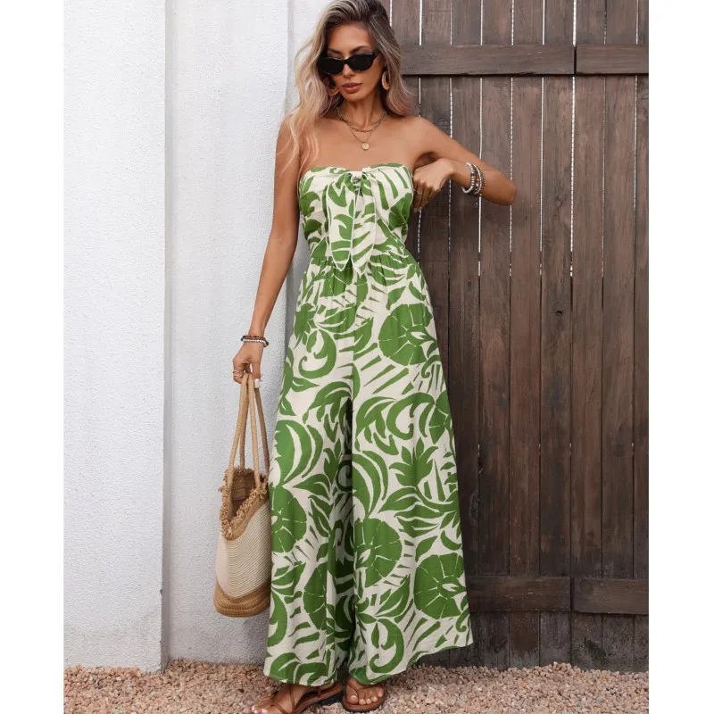 Sexy Strapless Women's High-waist Jumpsuit Bohemian Fashion Print Loose Wide Leg Jumpsuits Ladies Foreign Style Vacation Romper