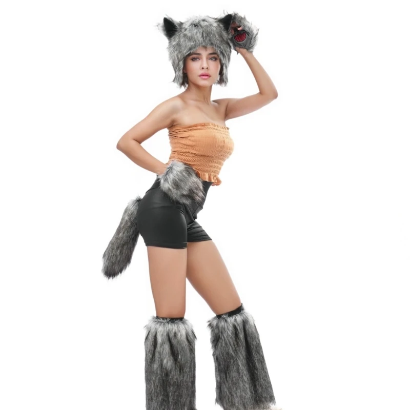 accessoires-costume-loup-coordonnes-texture-en-peluche-grise-douce-pour-fete-d'halloween
