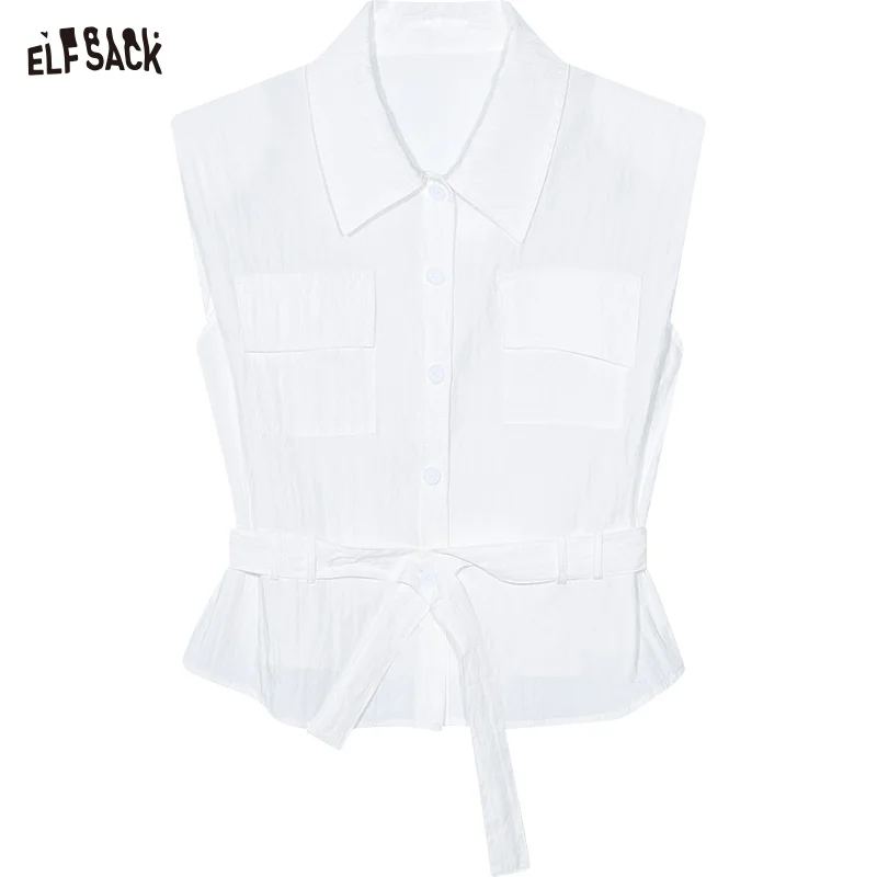 ELFSACK 2025 Summer New Arrivals Solid Color Belt Chic Versatile Shirt For Women