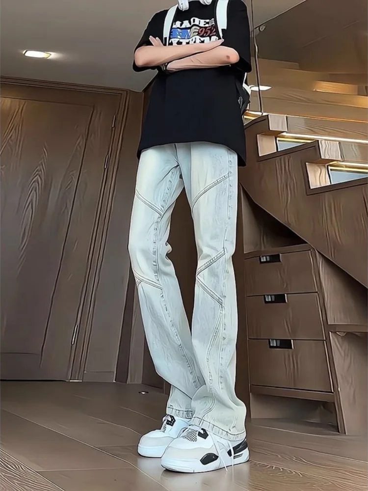 

Мужские винтажные джинсы Waed: дизайнерские, с лоскутным узором, прямые, стройнящие, длинные брюки в уличном стиле, молодежная мода, хлопок/полиэстер...