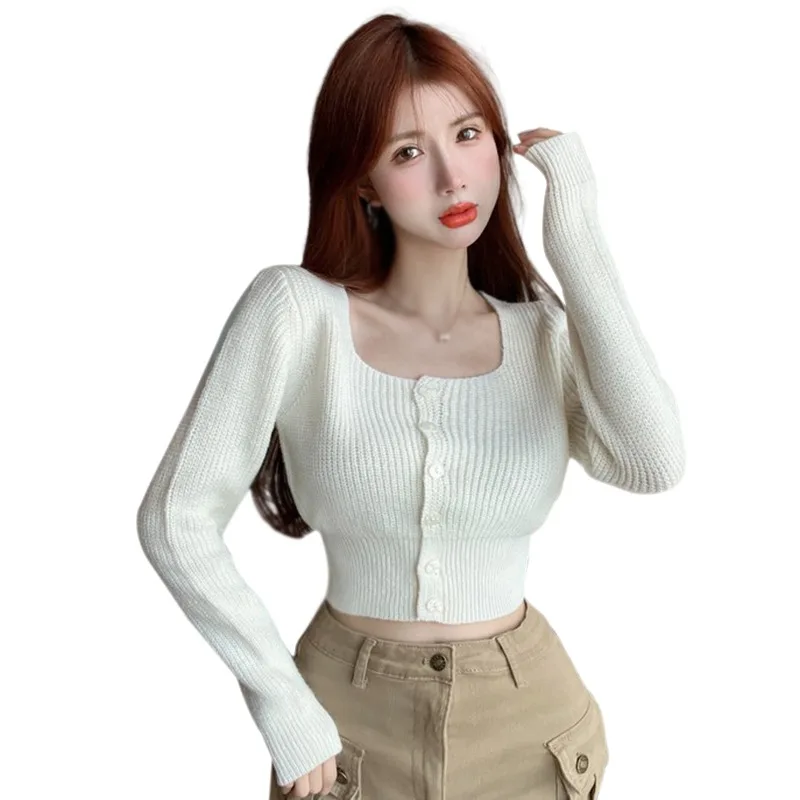 Women\'s Thin Square Neck Button Long Sleeve Cardigan Solid Color Knit Short Tops Single Breasted Air Conditioner Shirt