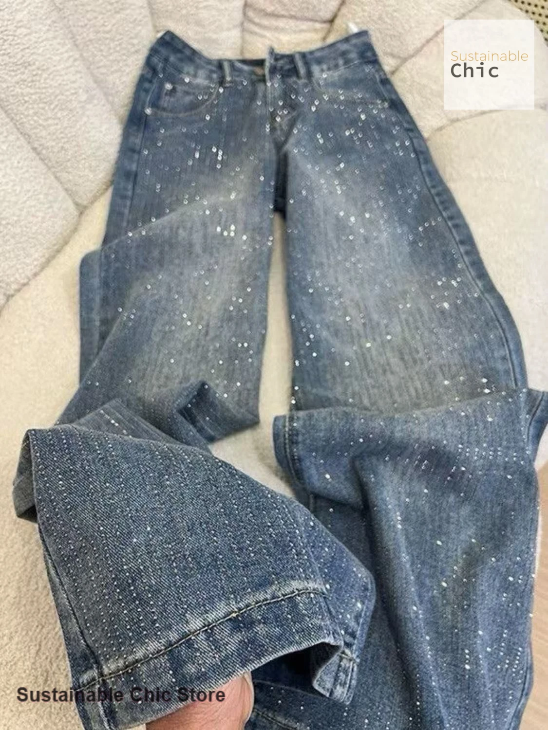 

Korean-style baby girl's hot drilling pants spring and autumn new fashion high waist loose straight wide leg casual jeans.