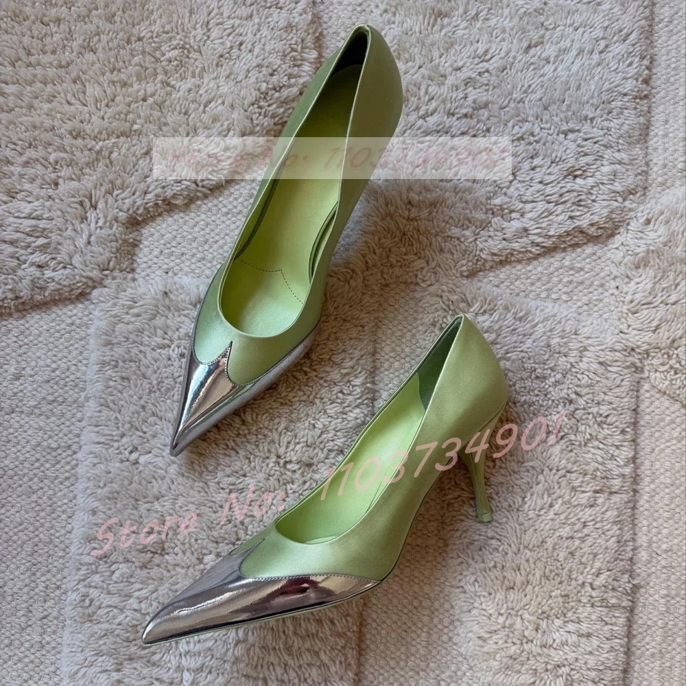 Green Satin Metallic Leather Toe Pumps Women Fashion Pointed Toe Stiletto High Heel Shoes Female Casual Party Wedding Sexy Pumps view 2