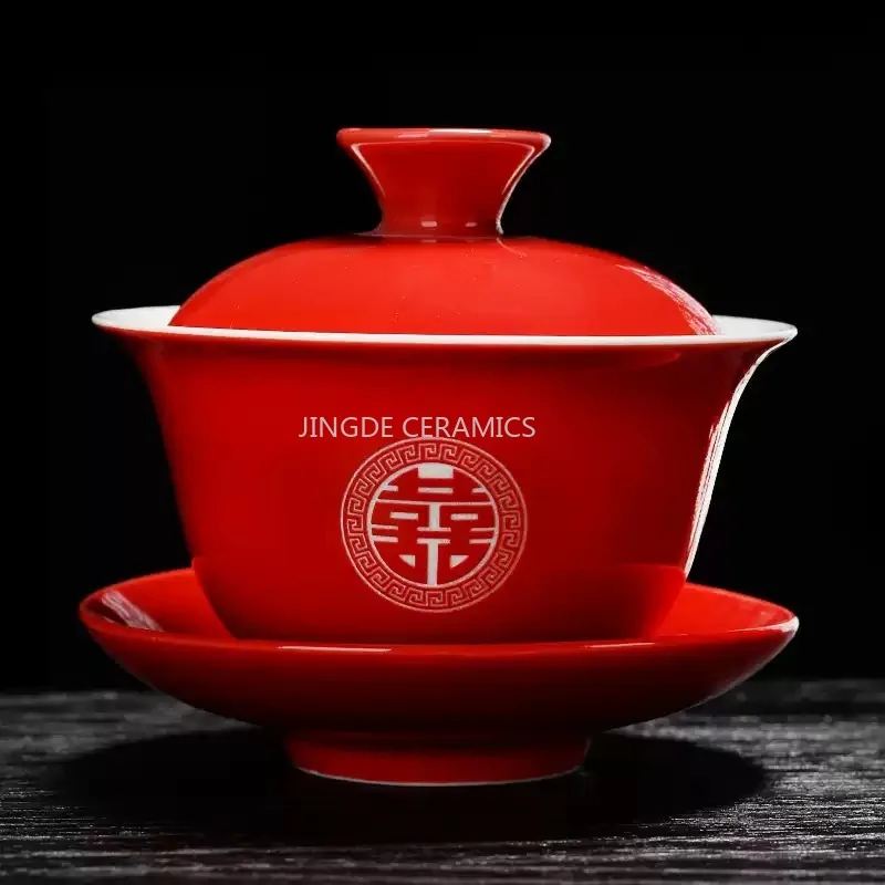 150ml Red Ceramic Gaiwan Chinese Wedding Tea Set Handmade Porcelain Teacup Home Beauty Tea Infuser Portable Tea Cup with Lid