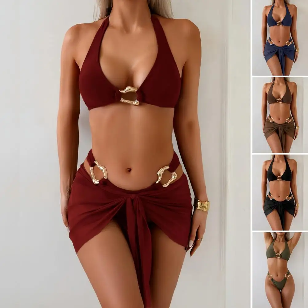 3Pcs/Set Women Swimsuit Set Halter Bra Hip Lift High Waist Briefs Halter Neckline Swimwear Metal Buckles Skirt Beach Swimwear