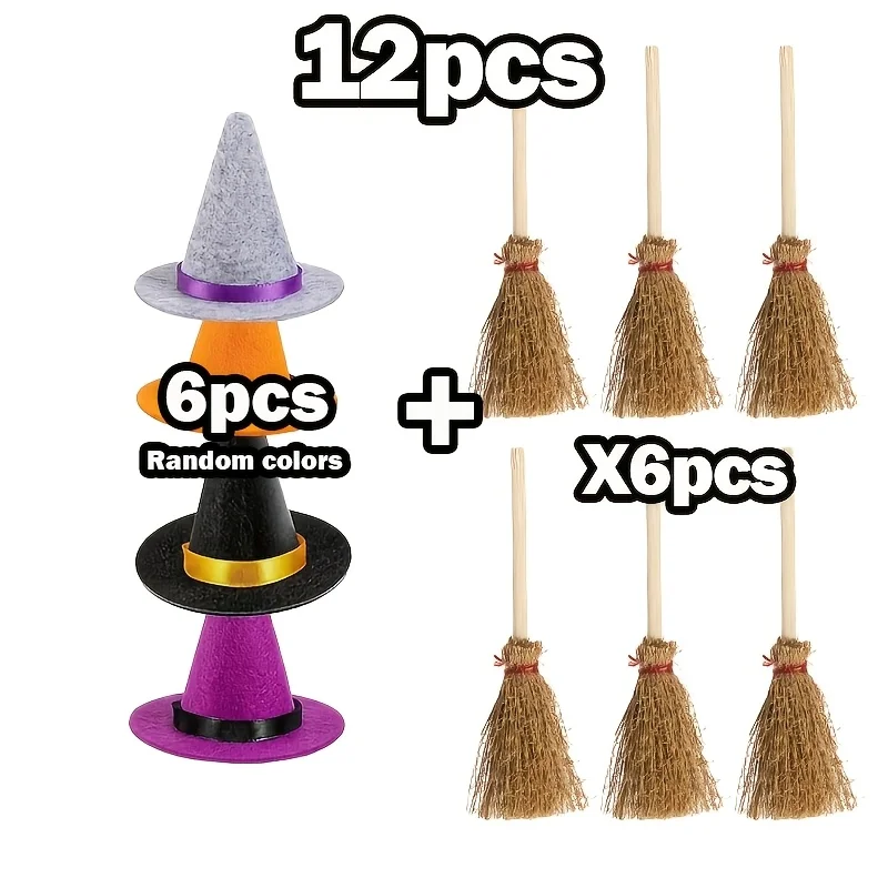 Mini Witch Hat and Broom Combo Set Halloween Handmade DIY Decoration Accessories Party Scene Decoration view 6