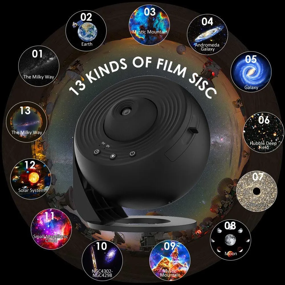 13 في 1 Galaxy Ultra Star Projector HD Image Area LED Night Light، 13 فيلمًا، 360 °   قم بتدوير مؤقت 1/2 ساعة لغرفة نوم الأطفال والكبار