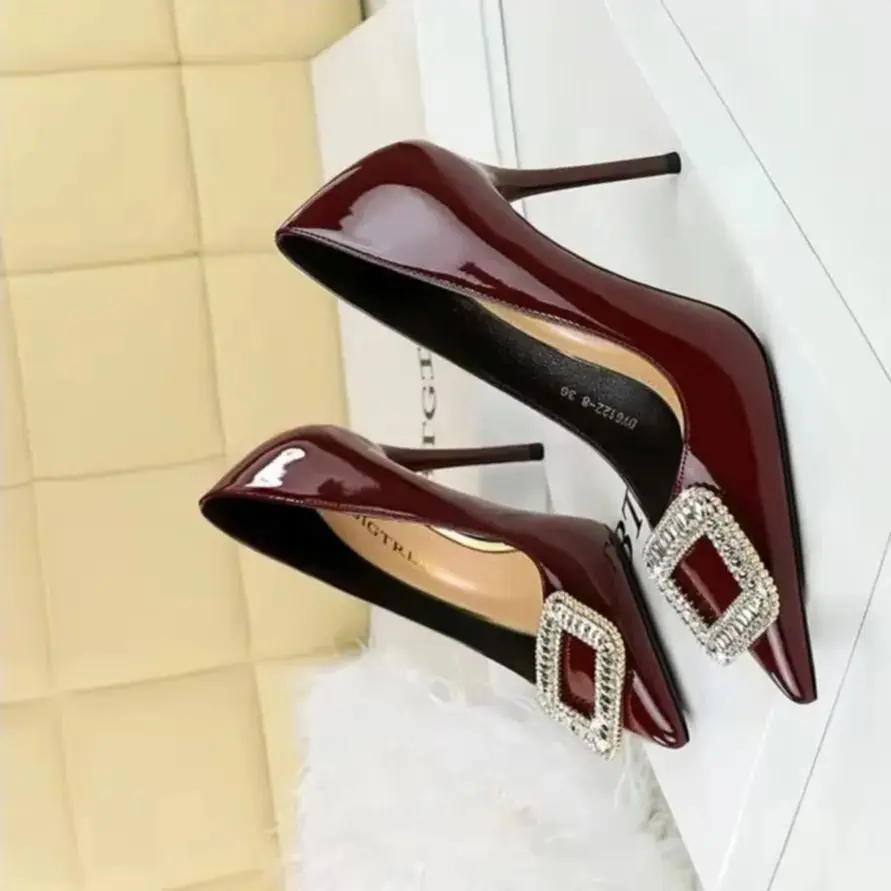 النساء 10 سنتيمتر عالية الكعب خنجر مضخات أشار تو الأسود عارية بلينغ الكعوب سيدة معدنية حجر الراين مشبك الزفاف الحدث الكعوب الأحذية #1