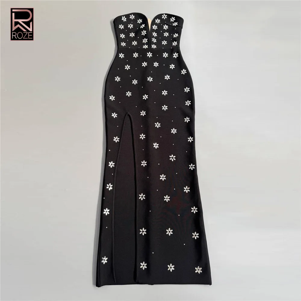 Robe longue noire à bretelles spaghetti Robe à bandes bustier crystallisée - Robe de soirée moulante sexy à fente haute
