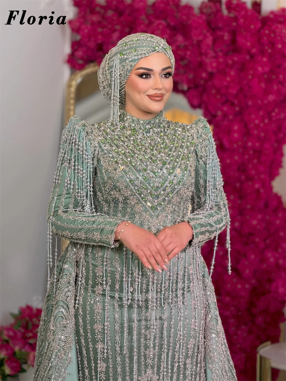 Muslim High Neck Beaded Evening Dresses Customized Green Long Sleeves Engagement Party Gowns With Hijab Detachable Skirt Prom