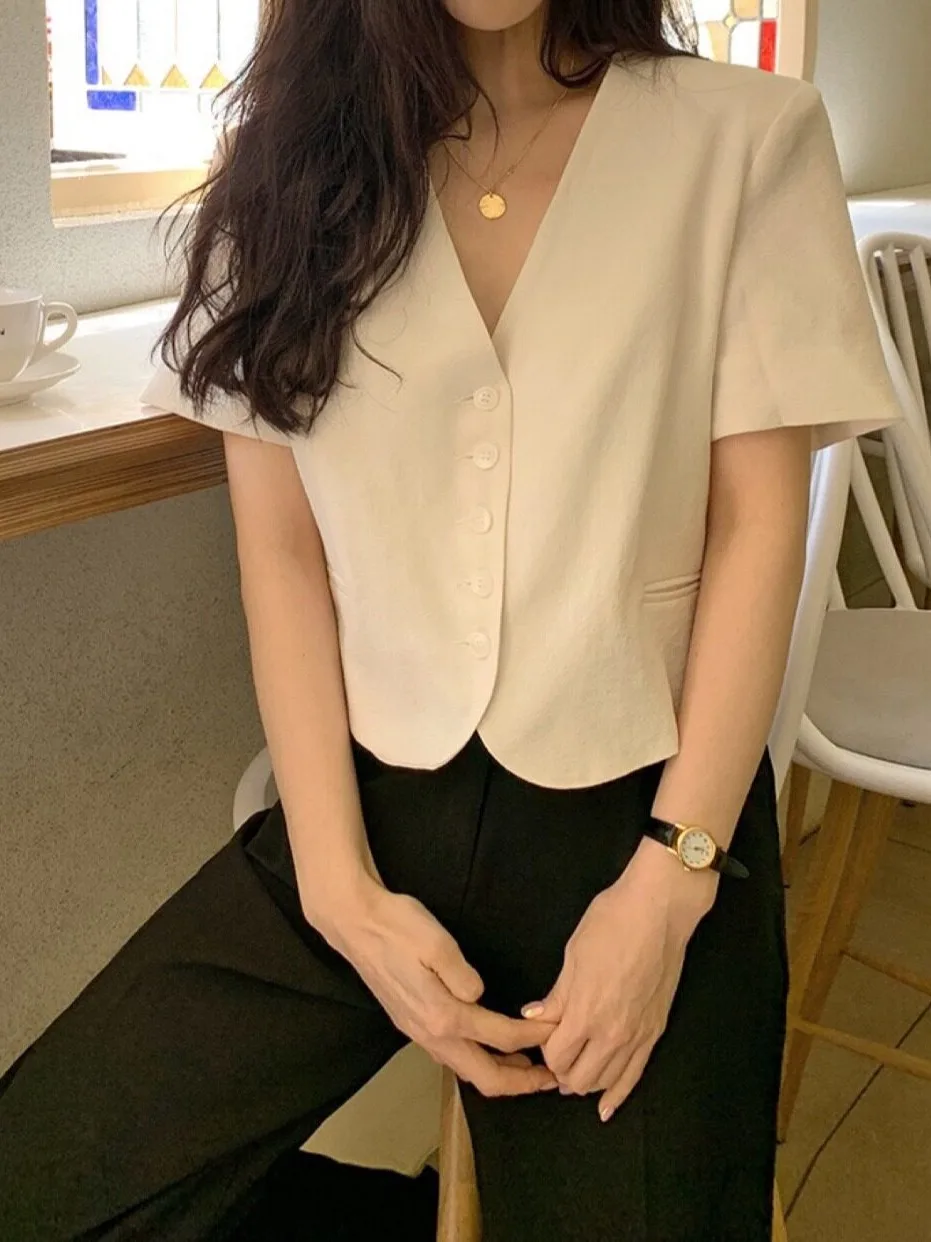Single-Button Short-Sleeve Collared Top Korean Style Women's Fashion Spring Autumn Winter Casual Wear School Street Style