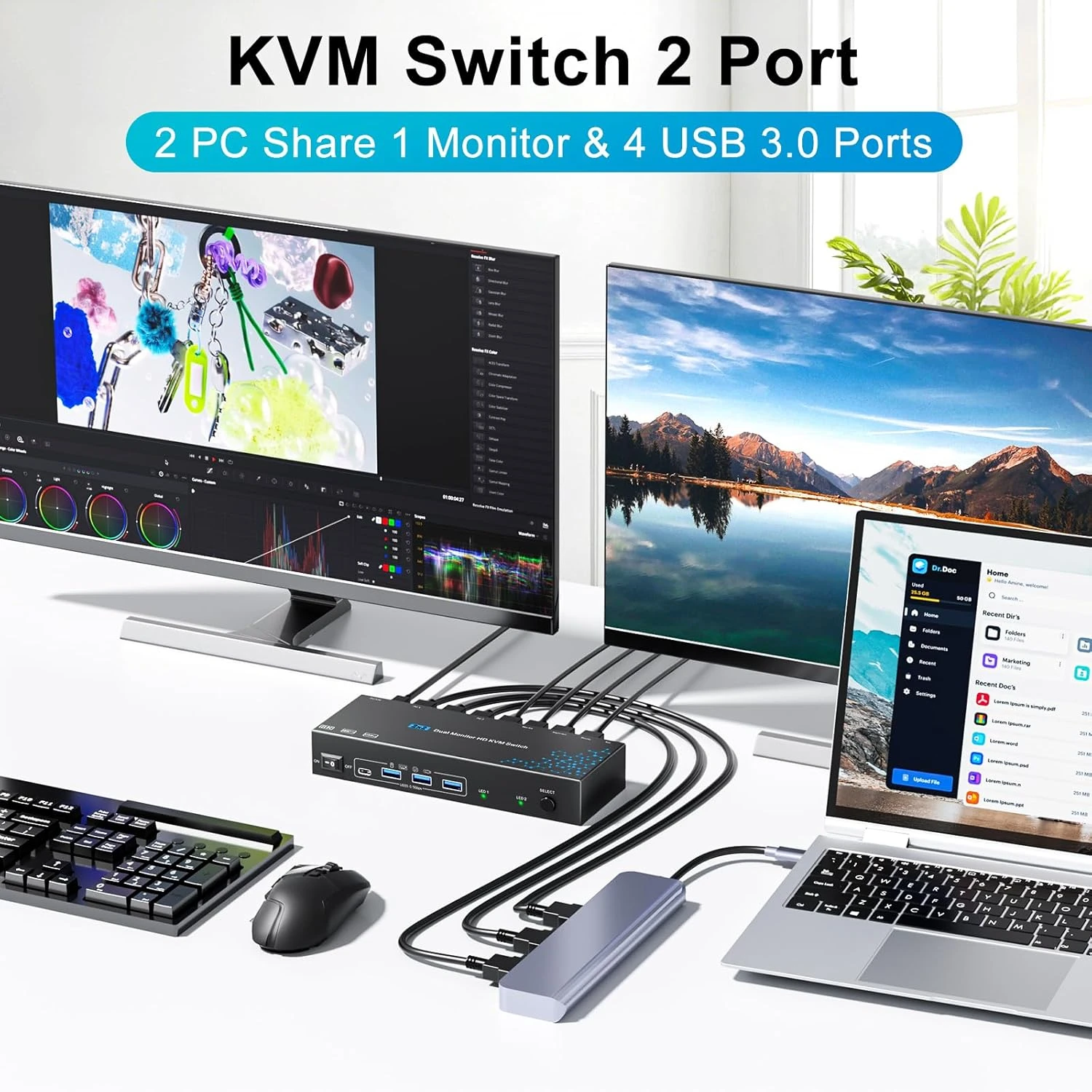 USB 3.0 HDMI Dual KVM Switch 2 Port, 8K 60Hz 4K120Hz Dual Monitor KVM Switches for 2 PC Share 2 Display