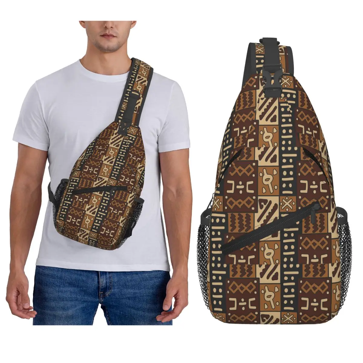 

Африканская тканевая нагрудная сумка Bogolan Mud, мужской рюкзак через плечо на слинге, нагрудная сумка, дорожный походный рюкзак, сумка на плечо