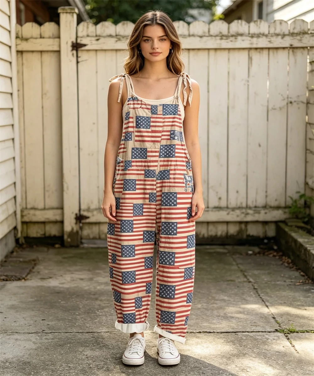 Women's new American flag square staggered print women's comfortable jumpsuit, off shoulder sleeveless loose jumpsuit