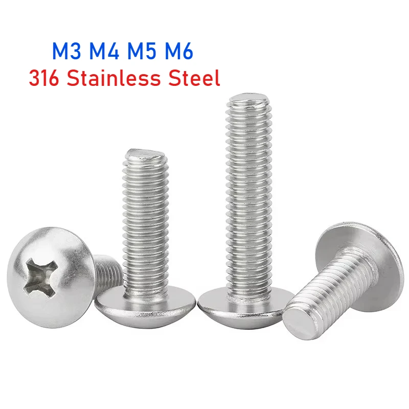 316 Stainless Steel Cross Recessed Truss Big Flat Head Screw M3 M4 M5 M6 Mushroom Head Phillips Screw Bolts