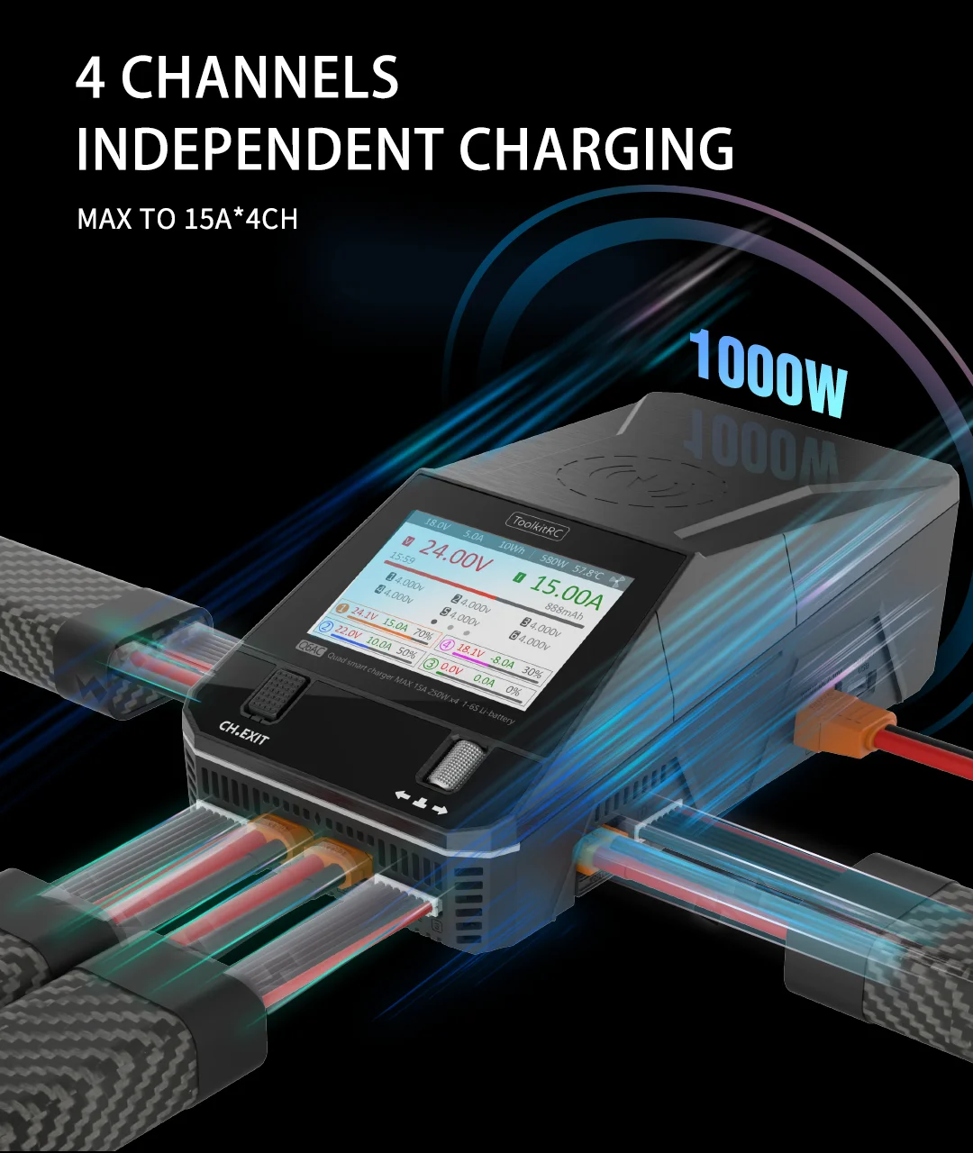 NEW ToolkitRC Q6AC Charger AC 400W/DC 1000W 4CH output Built-in 65W USB A/TYPEC Output ,LiPo, 1-6S,NiMH 1-16S,PB 1-10S Charger