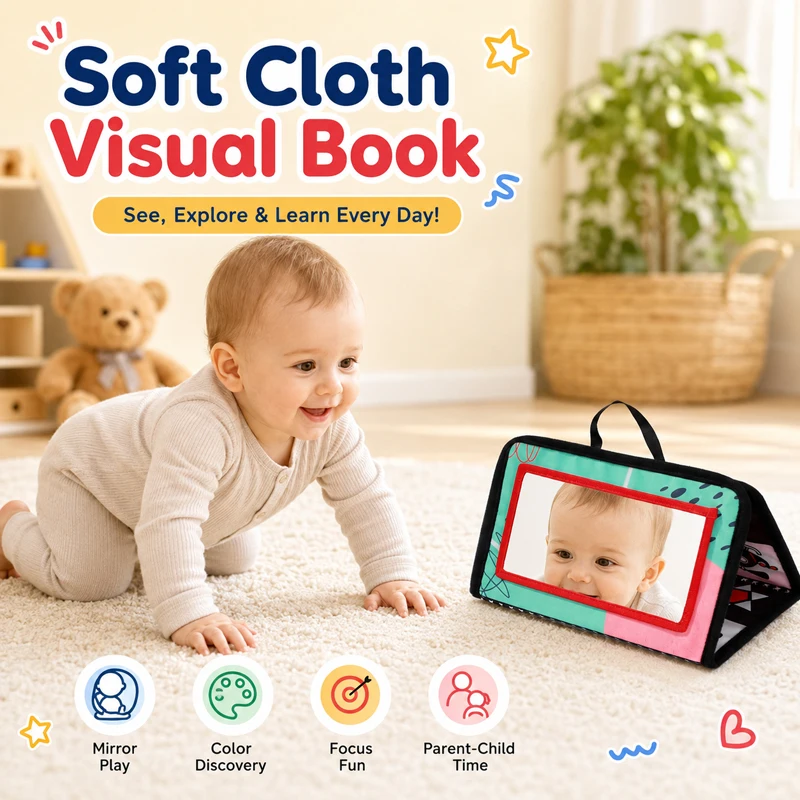 Soft Baby Book Mushroom Foldable Tummy Time Sensory Cloth Book with Mirror Early Learning Toy for Newborns 0 to 3 Years