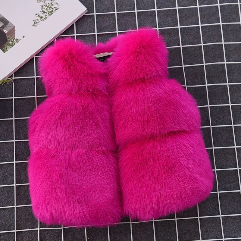 Pink White Faux Fur Vest Jacket Warm Fuzzy Waistcoats for Girls Kids Fashion Winter Autumn Thick Fleece Outerwear Toddler Child