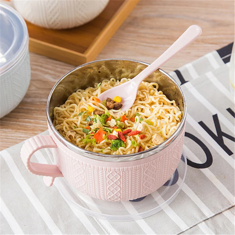 Stainless Steel Double-layer Ramen Noodles Bowl Anti-scalding Instant Noodle Bowl Large Capacity With Lid And Spoon Tableware