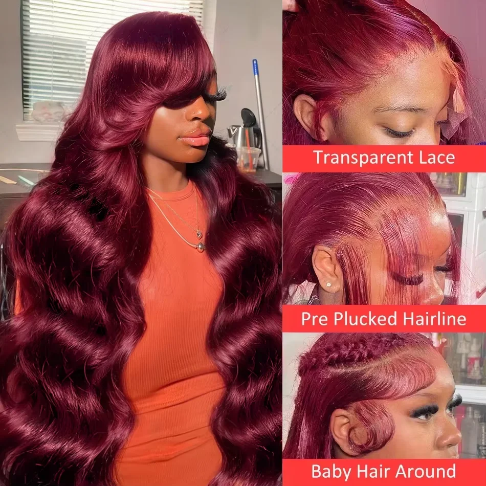 Perruque Lace Front Wig Body Wave Brésilienne Naturelle, Cheveux Humains, Bordeaux 99J, Vin Transparent HD, 13x6, 13x4, Densité 200, 30 32 Pouces