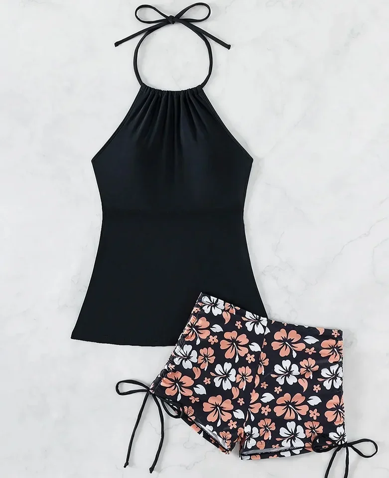 Conjunto de Tankini para mujer, traje de baño estampado con correa para el cuello, bragas de 2 piezas con cordón lateral, Tankini negro, ambiente femenino