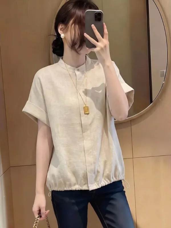 

plus Size 300 Pounds Women's Shirt round Neck Short Sleeve Drawstring Waist Design Casual Loose Fit Summer Versatile Top