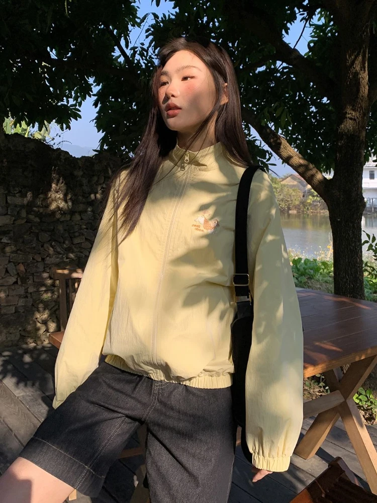 ผู้หญิงสบายๆแจ็คเก็ตเบสบอลฤดูใบไม้ผลิฤดูร้อนบางหลวม Fit ปักลูกสุนัข STAND COLLAR Zip Up TOP Coat Chic Outerwear