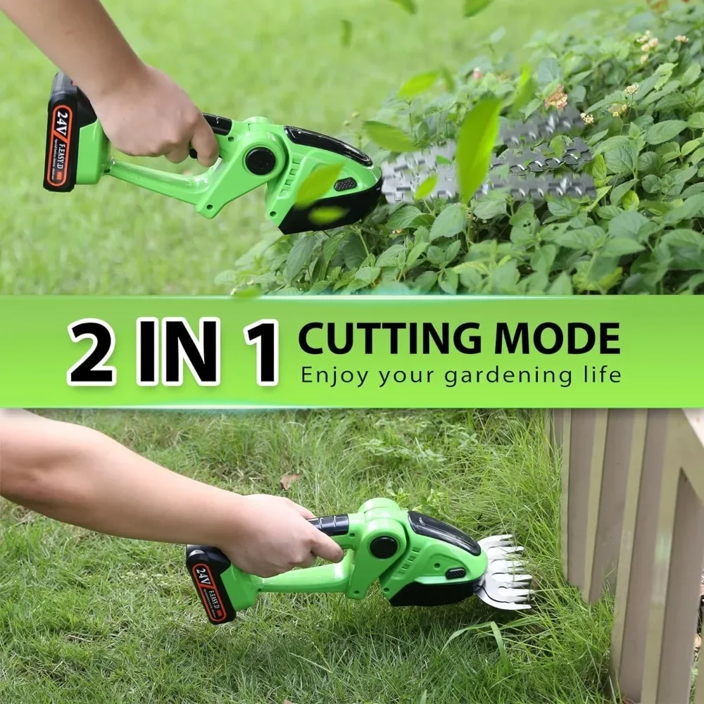 2-in-1,24V Battery Operated Shrubbery Trimmer Handheld Electric Grass Trimmer with 2 Rechargeable Batteries and Charger (Green)