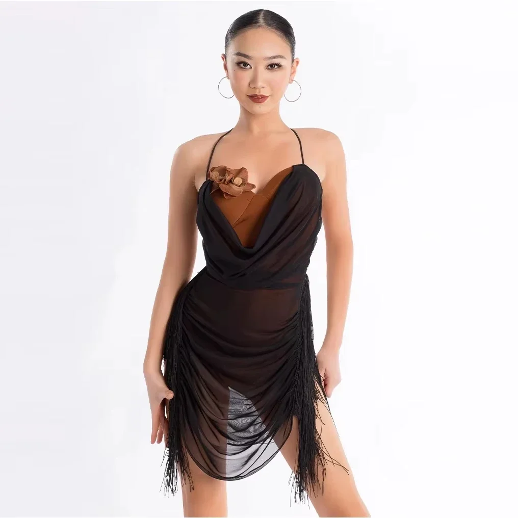 Vestido de dança latina para mulheres adulto borla emenda saia terno de dança cha-cha samba estilo internacional de dança de salão