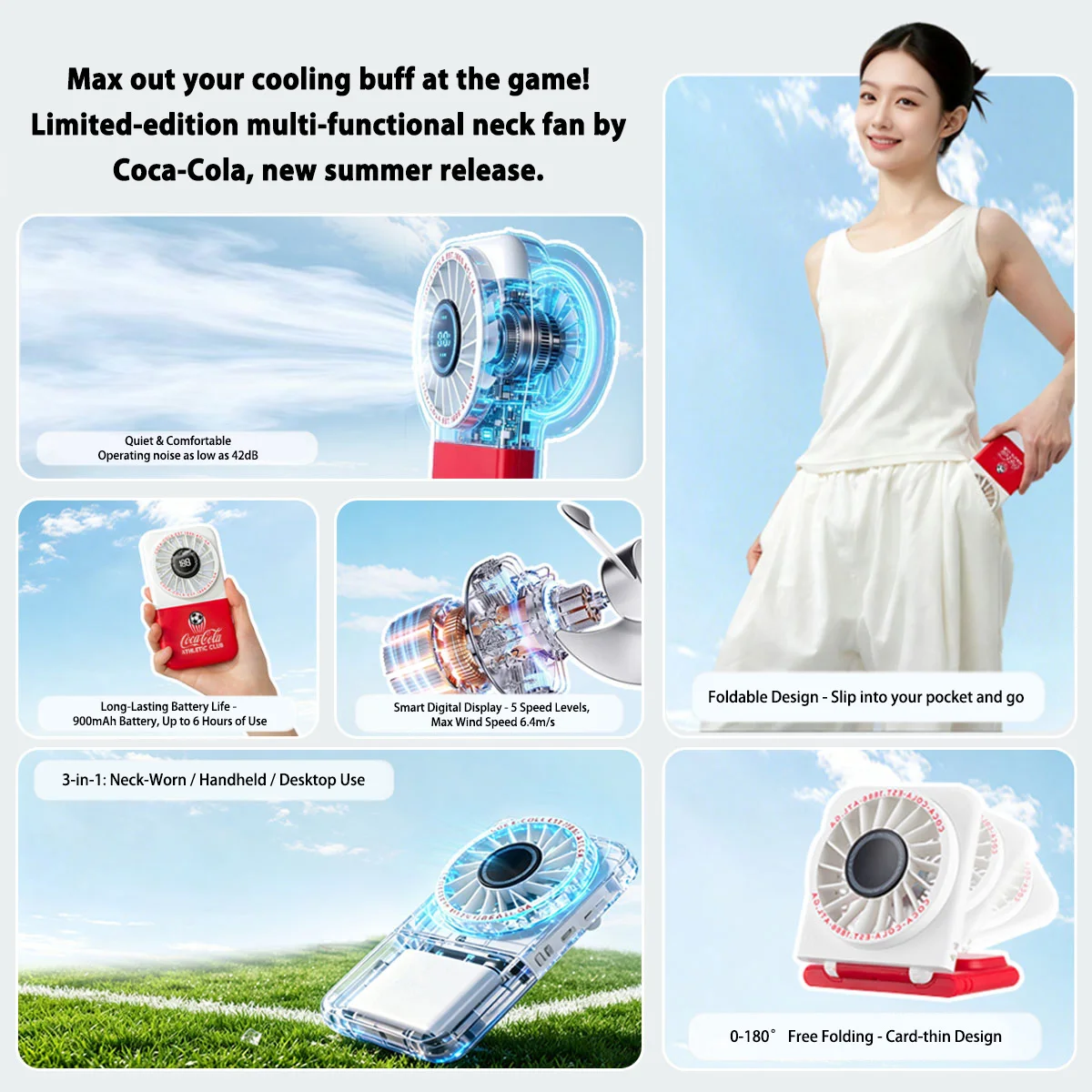 Coca Cola Foldable Handheld Fan,5-Speed Rechargeable Mini Personal Fan with Digital Display & Lanyard for Summer Travel  outdoor