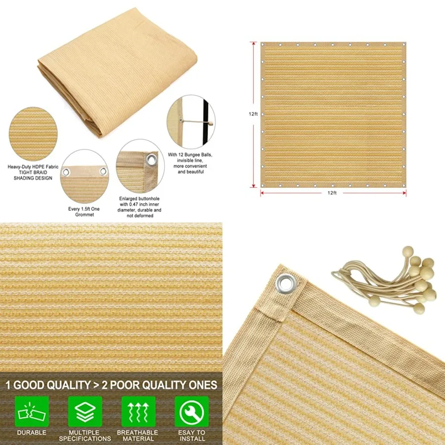

90 Shade Fabric 12x 12Feet Sun Shade Cloth with Grommets for Pergola Cover Canopy, 12 Bungee Balls