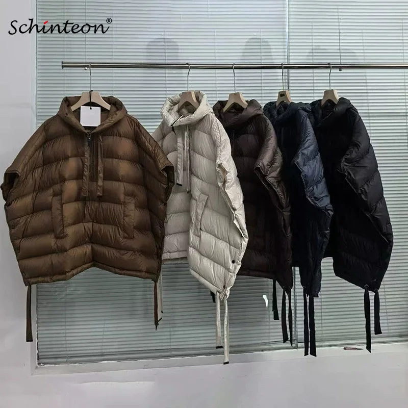 Schinteon Women 90% White Duck Down Irregular Vest with Hood Sleeveless Jacket Solid Luxurious Autumn Winter Top 2026 New
