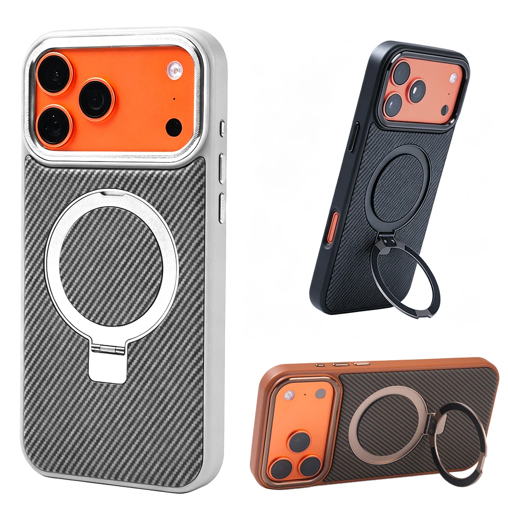 Fibra de Carbono 360 ° Capa com suporte de anel magnético giratório, compatível com carregamento sem fio magnético, proteção para câmera e à prova de choque para celular.