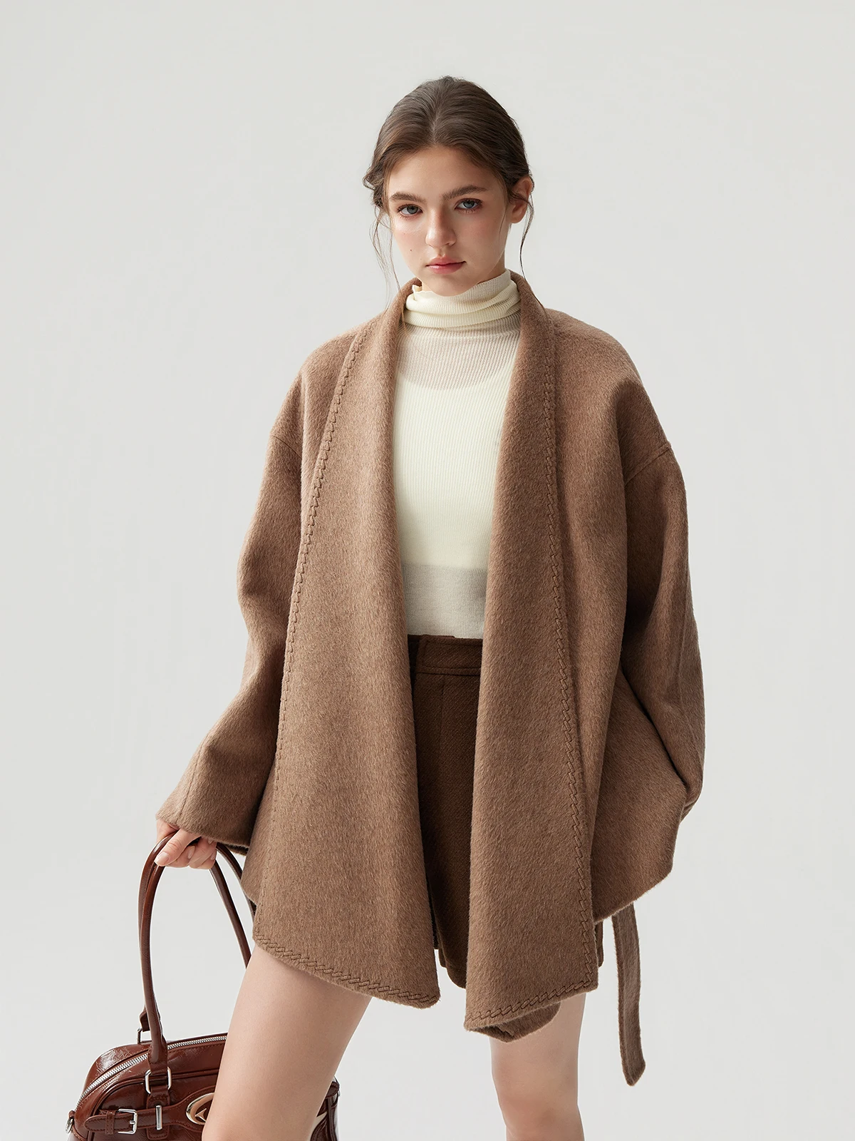 

GSSMZ Women's Cotton Wool Coat with Double Silk Waist-Cinching Long Sve Mid-Length Double-Faced Woolen Collar Overcoat