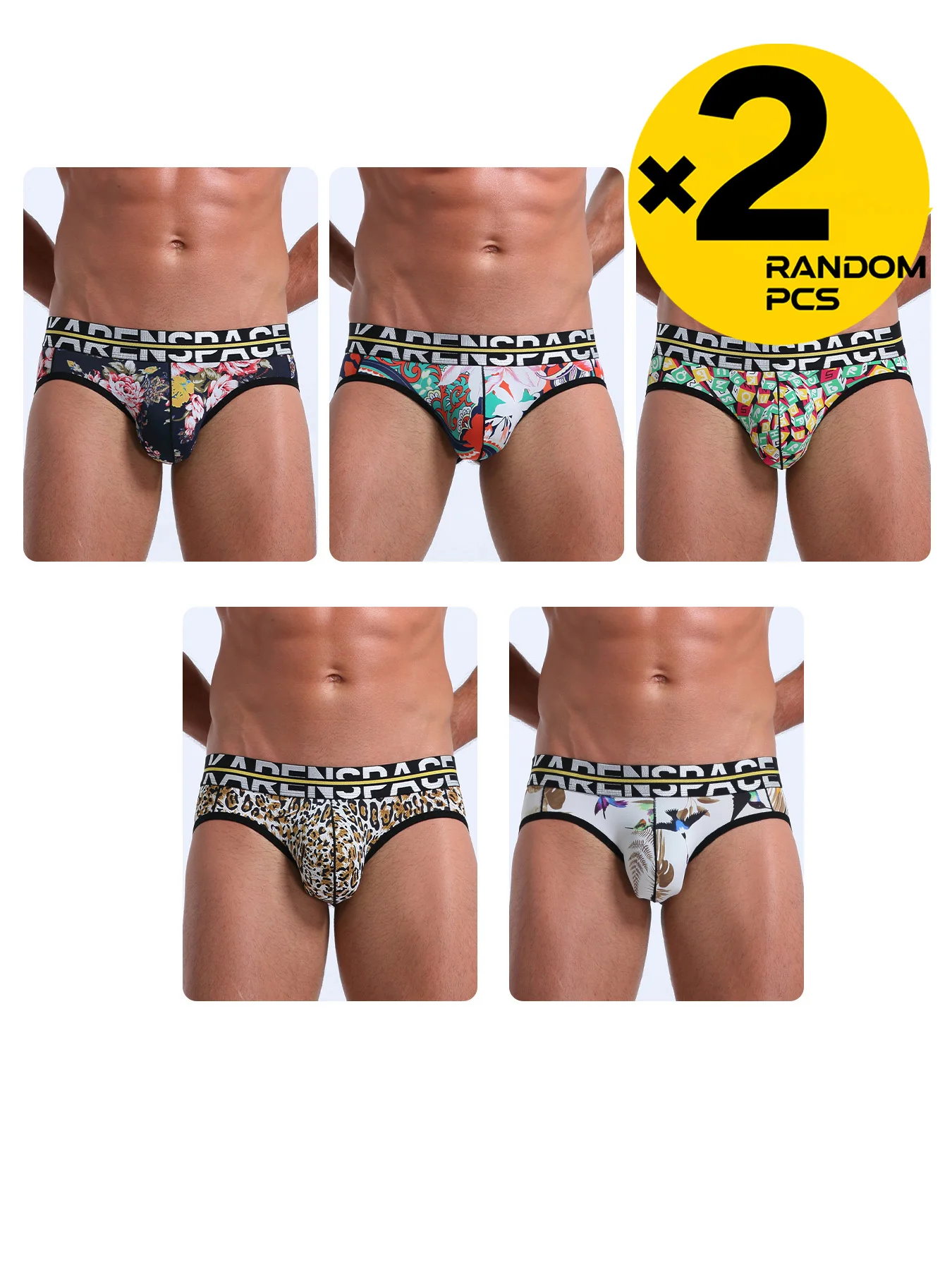 Men's Ice Silk Print Double-Layer Low-Cut Triangle Underwear 2-Piece Set Breathable Elastic No-Slip Beach Vacation Sexy Briefs