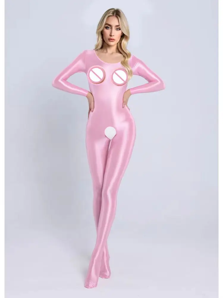 M XL Hollow Out Crotchless Nylon Catsuit Bodystocking Shiny Elastic Bodysuit Tights Leotard Conjoined Jumpsuit Unitard Lingerie - view 4