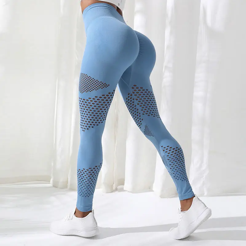 Female Outdoor Workout Pants Peach Hip High Waist Open Crotch Pants Ladies Seamless Tight Hollow Yoga Leggings for Women Q49