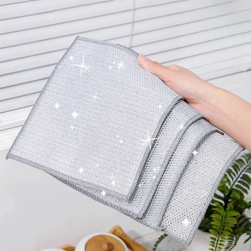 

10Pcs Cleaning Products Dishcloth Silver Wire Cleaning Kitchen Cloth Thickened Microfiber Wash Towel Built-in Sponge Ball Rag