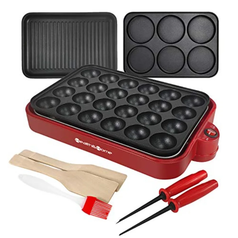 

Multifunction Nonstick Baking Maker with 3 Interchangeable Baking Plates for GrillPan Cake and Cake Pops RED
