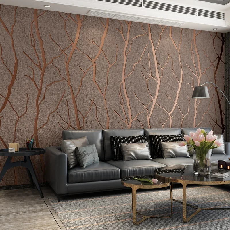 Dark Coffee Color 3D Branch Wallpaper Living Room Bedroom Background Wall Hotel Modern Chinese 3D Thickened Suede Wallpaper