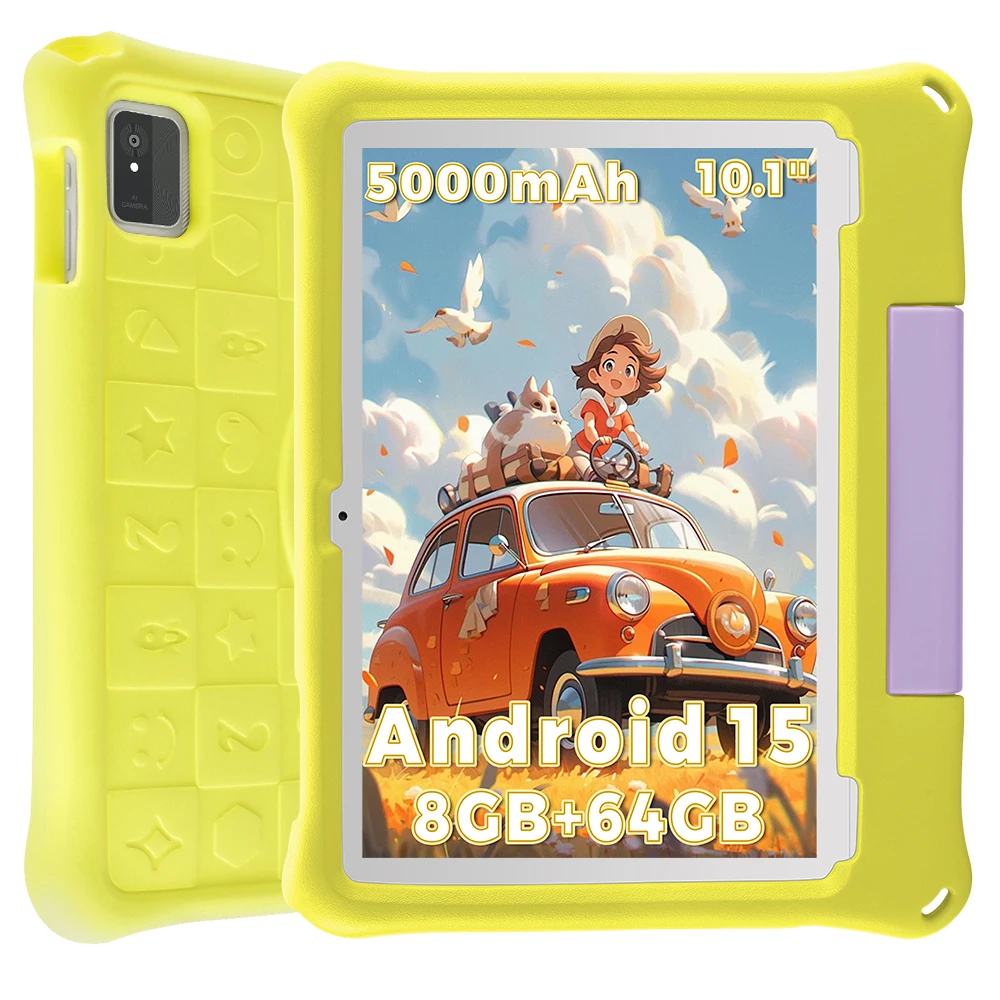 Android 15 Kids Tablet 10 Inch HD Display 8GB RAM 64GB ROM 1TB Expand WiFi6 5000mAh Children Tablet with Shockproof Bumper Case