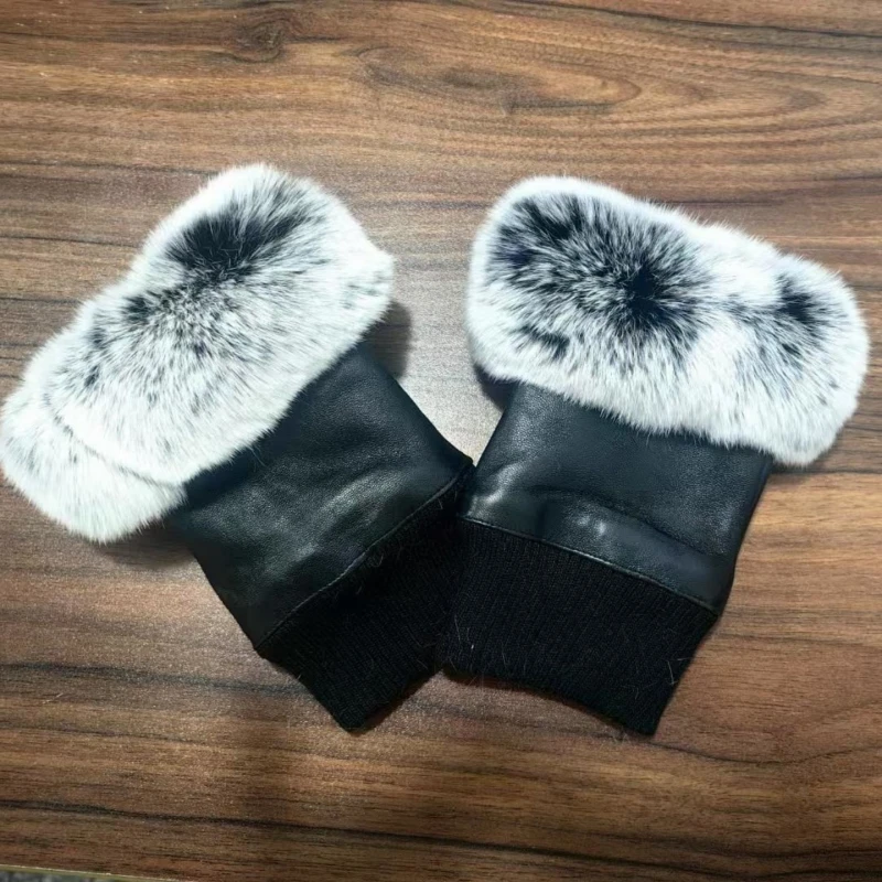 Autumn And Winter Women's Fingerless Gloves Lady's Genuine Leather Rabbit Fur Mittens Winter Warm Sheepskin