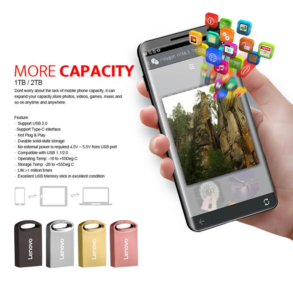 Lenovo Mini Pen Drive 2TB Pendrive Memory Portable Waterproof USB Flash Drive High-Speed USB 3.0 Data Transmission Metal U Disk