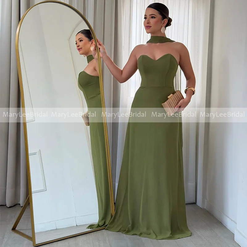 Olive Green Chiffon Bridesmaid Dresses with Scarf Sweetheart Neckline Full Length Formal Wedding Party Dress Women Customized