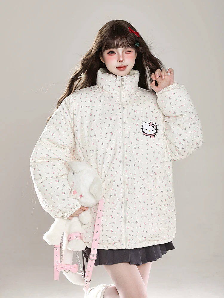 

Двусторонняя утепленная свободная хлопковая куртка с воротником-стойкой для женщин, зимняя верхняя одежда с дизайнерским принтом Hellokit