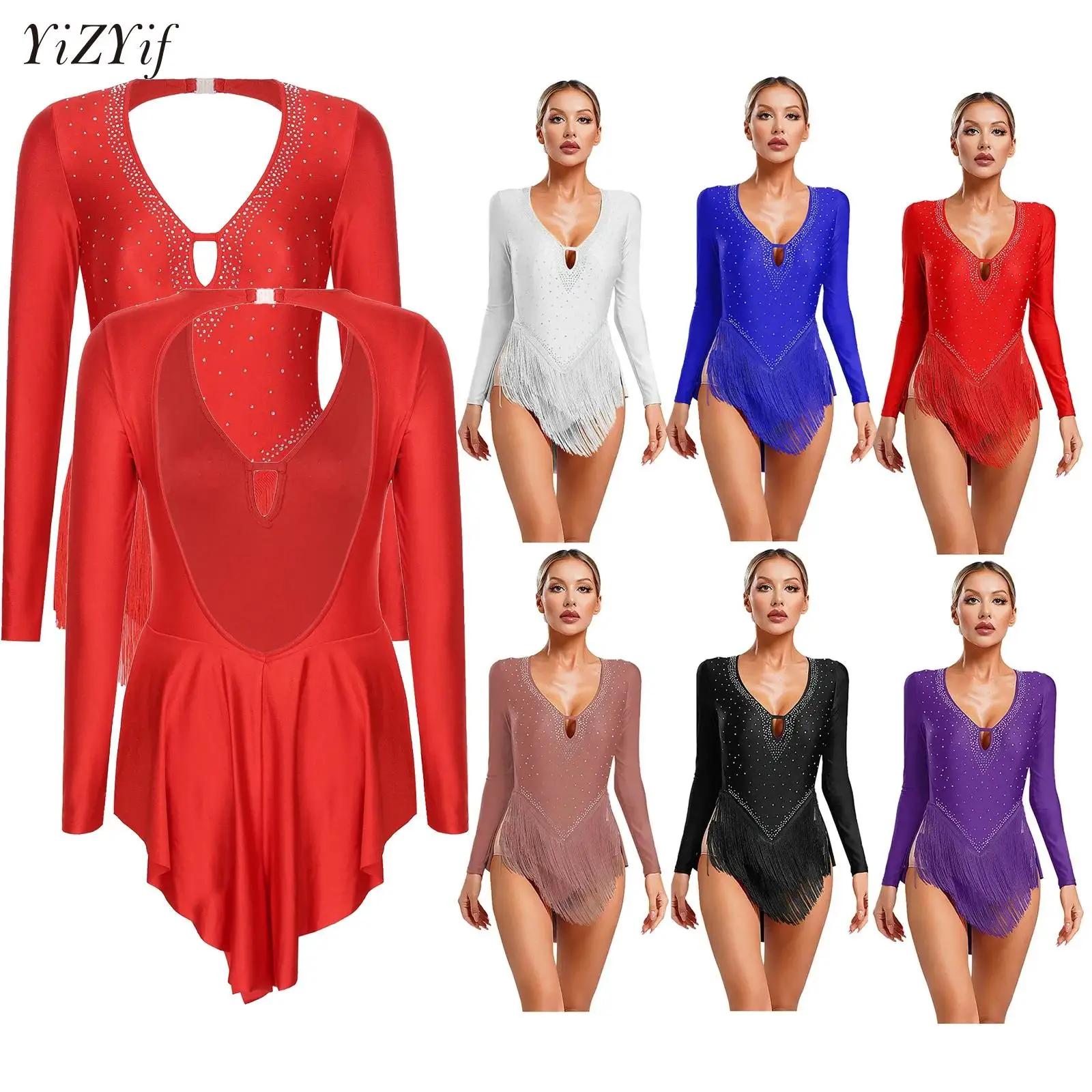 

Latin Dance Dress for Women Rhinestones Sheer Mesh Tassel Hem Modern Jazz Dancewear Ballet Leotard Skating Dancing Costume
